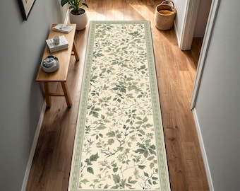 Sage Green Botanical Runner Rug, Vintage Floral Hallway Carpet, Cottagecore Kitchen Floor Mat, Elegant Leafy Entryway Home Rug Decor
