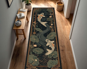 Alfombra de pasillo con diseño de loto y peces koi, estilo japonés con estanque zen, borde art déco dorado y verde azulado oscuro, alfombra larga estilo chinoiserie para la entrada de la cocina.