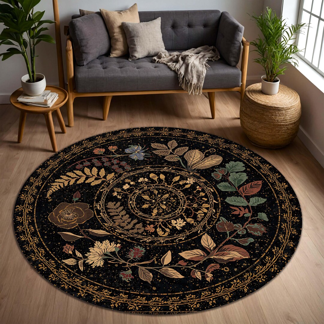 Vintage Botanical Round Rug, Dark Floral Celestial Circle Carpet, Boho ...