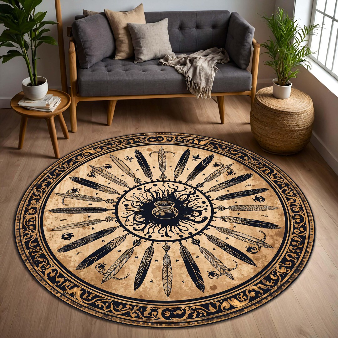 Vintage Witchy Round Rug, Cauldron Sunburst & Feather Mandala Design ...