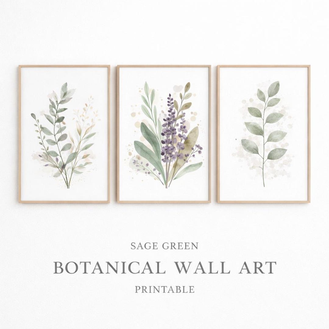 Minimal Botanical Wall Art Set of 3, Sage Green Botanical Prints ...