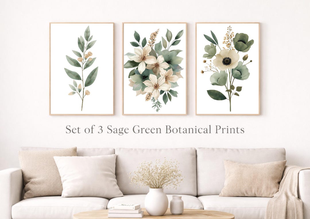 Sage Green Botanical Wall Art Set of 3, Neutral Floral Prints ...