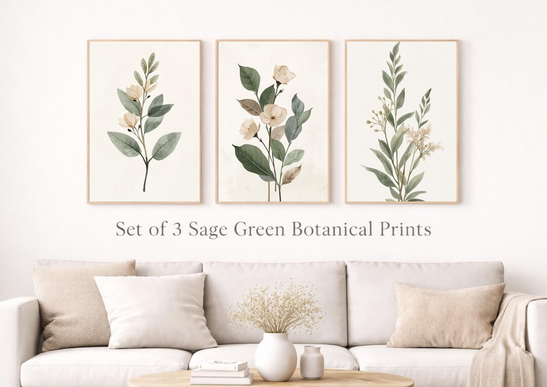 Sage Green Botanical Wall Art Set of 3, Neutral Floral Prints ...