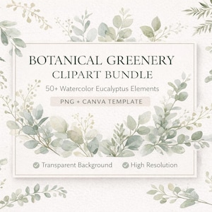 Può includere: Un pacchetto di arte digitale con elementi di eucalipto ad acquerello. L'immagine mostra una cornice rettangolare con il testo "BOTANICAL GREENERY CLIPART BUNDLE" e "50+ Watercolor Eucalyptus Elements". Il design include ramoscelli di foglie verdi e grigie.