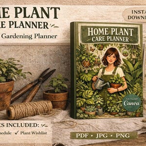 Può includere: Un Home Plant Care Planner illustrato con una donna che innaffia le piante. Il planner include un programma di irrigazione, una lista dei desideri delle piante e un registro del giardino. Forbici, spago e un nebulizzatore per piante.