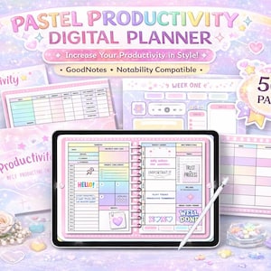 Può includere: Un'agenda digitale a tema pastello, con un tablet che mostra un layout di pianificazione giornaliera. L'immagine include il testo "PASTEL PRODUCTIVITY DIGITAL PLANNER" e "Increase Your Productivity in Style!". Sono visibili anche pagine e accessori aggiuntivi.