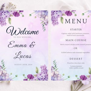 Può includere: Un set di inviti e menu di nozze con un design floreale ad acquerello. L'invito recita "Benvenuti al nostro matrimonio" con i nomi Emma & Lucas e la data 20 agosto 2024. Il menu elenca l'antipasto, il piatto principale e il dessert.