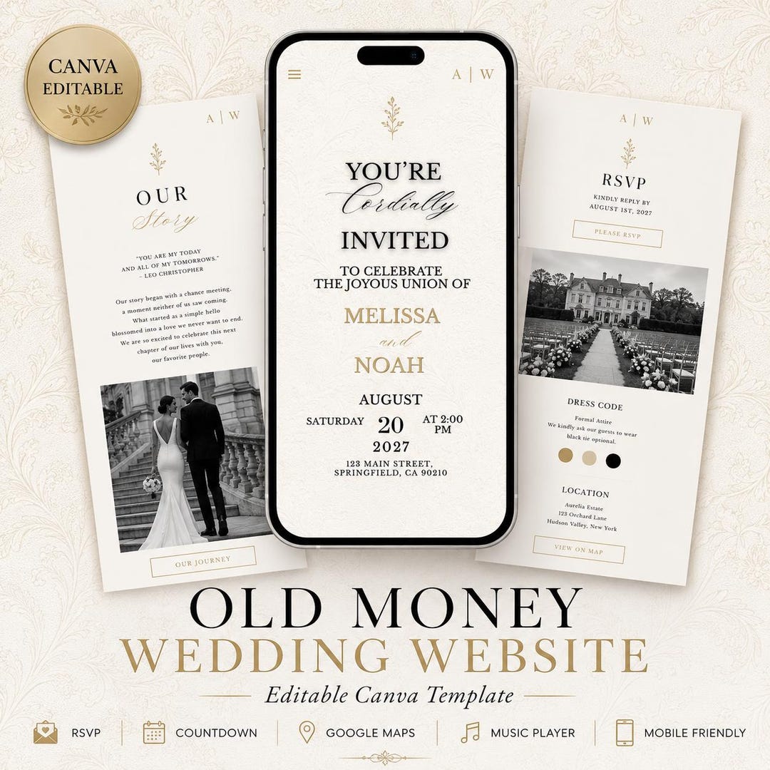 Old Money Wedding Website Template Editable Canva Wedding Website