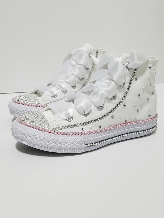 Swarovski Rhinestone And Pearl Baby Girl Toddler White Converse Shoes