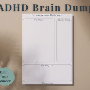 Może przedstawiać: Biały pulpit dekompresyjny ADHD Brain Dump z sekcjami o nazwach "The Noise", "Quick Wins" i "Parking Lot". Tekst "Edit In Your Browser" znajduje się w turkusowym okręgu. Słowa "ADHD Brain Dump" znajdują się u góry.