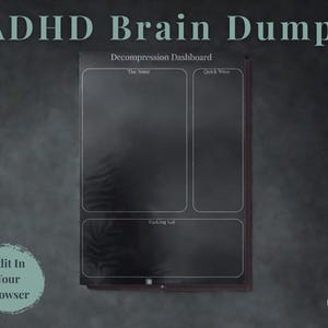 Peut inclure: Un tableau de bord de décompression ADHD Brain Dump noir avec le texte "The Noise", "Quick Wins" et "Parking Lot". Les mots "ADHD Brain Dump" sont en haut. Les mots "Edit In Your Browser" sont dans un cercle turquoise en bas à gauche.