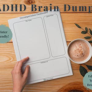 Op de afbeelding: Een wit papier met de titel "ADHD Brain Dump" met secties voor "The Noise", "Quick Wins" en "Parking Lot". Het ligt op een houten oppervlak, vergezeld van een kopje koffie en bladeren. De tekst luidt "Printer Friendly!" en "Edit In Your Browser."