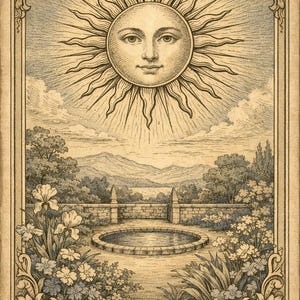 May include: Vintage tarot card illustration featuring a radiant sun with a human face, surrounded by rays. The card depicts a serene garden scene with a pond, flowers, and a stone wall. The text "LE SOLEIL" is at the bottom, with "XIX" at the top.
