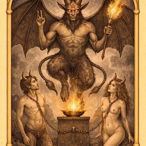 Pode incluir: Ilustração de carta de tarô com uma figura com chifres e asas de morcego segurando uma tocha sobre um altar em chamas. Duas figuras estão acorrentadas abaixo. A carta é emoldurada com detalhes florais e o texto "LE DIABLE" e "XV".