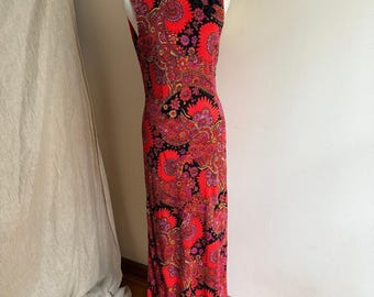 Vintage 70s Qipao Maxi Dress Psychedelic Column Paisley XS Stretch Side Slit
