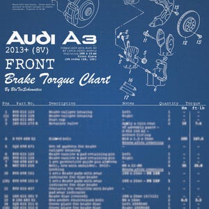 Puede incluir: Diagrama estilo plano técnico de la tabla de par de frenado delantero del Audi A3. El diagrama incluye esquemas detallados de los componentes de freno, números de pieza, descripciones y especificaciones de par en Nm y ft.lb.