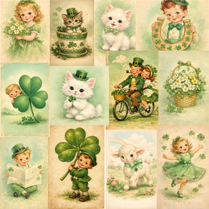 May include: A collection of vintage-style St. Patrick's Day illustrations. The images feature children, kittens, and a lamb, all adorned in green attire and accessories, holding shamrocks and other festive items. The color palette is soft, with a focus on greens and pastels.