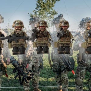 May include: An image of a group of soldiers in camouflage uniforms, some with toy soldier figures superimposed over them. The soldiers are in a grassy field, with a blurred background of trees and buildings. The toy soldiers are wearing helmets and carrying weapons.