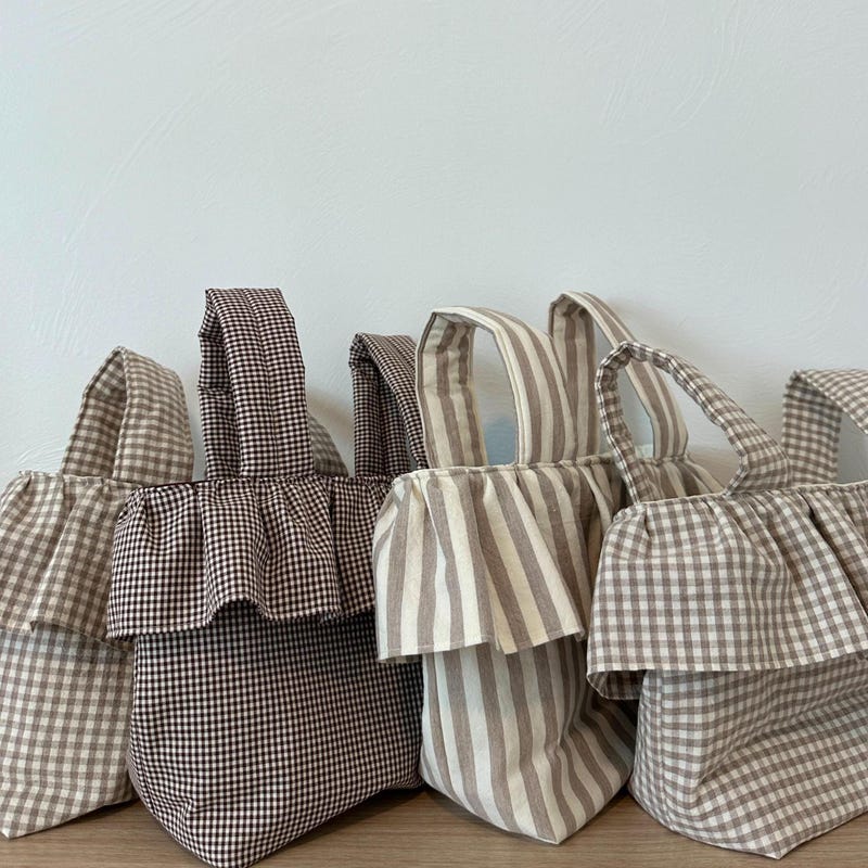 Ruffle Stroller Bag, Gingham Caddy, Stripes, Check, Handmade Snap, On Bag, Diaper Stroller Basket