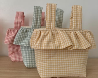 Light Butter Yellow Gingham Ruffle Stroller Bag, Handmade Cotton Diaper Stroller Basket