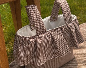 Brown Micro Gingham Check Cotton, Handmade Ruffle Stroller Bag, Large Snap-On Cotton Diaper Stroller Basket