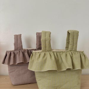 Green Micro Gingham Check Ruffle Stroller Bag, Handmade Snap-On Cotton Diaper Stroller Basket - PREORDER