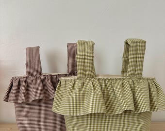 Green Micro Gingham Check Ruffle Stroller Bag, Handmade Snap-On Cotton Diaper Stroller Basket - PREORDER