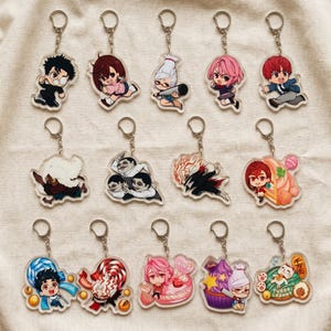 May include: A collection of fourteen acrylic keychains featuring various anime-style characters in chibi proportions. Each charm includes a silver metal split ring and displays colorful illustrations of figures, including a cat with text reading Turbo Granny.