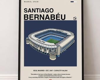 Póster del Estadio Santiago Bernabéu, Real Madrid, estilo moderno de mediados de siglo (descarga digital)
