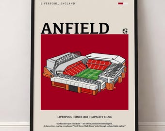 Póster del estadio Anfield, Liverpool, arte mural moderno de mediados de siglo (descarga digital)
