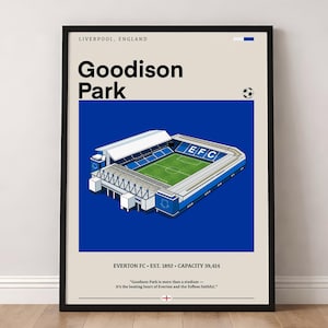 May include: A framed poster featuring an illustration of Goodison Park, the home stadium of Everton FC. The stadium is depicted in blue and white, with a green field. Text includes "Goodison Park" and "Everton FC EST. 1892 CAPACITY 39,414".