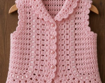Vintage Baby Vest Crochet Pattern, Sleeveless Cardigan, Peter Pan Collar, Ribbon Weave (PDF Download)