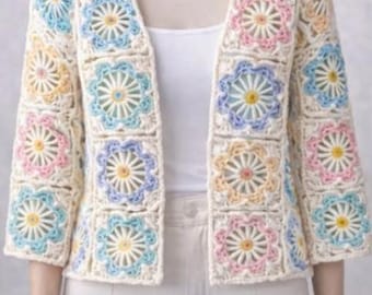 Modello per cardigan all'uncinetto "Grandma Square", tutorial per giacca con stampa floreale pastello (download PDF)