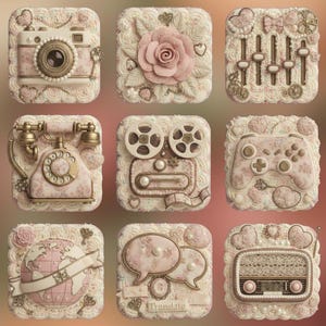 May include: Nine square-shaped decorative items with a vintage aesthetic. Each features a different design, including a camera, rose, sound mixer, rotary phone, film reels, game controller, globe, speech bubbles, and radio. The color palette is primarily pink, cream, and gold.