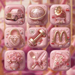 May include: A grid of nine square icons in shades of pink, featuring 3D-style illustrations including a vintage car, a globe, a gramophone, a heart-shaped padlock, a dumbbell, a golden M logo, a rose bouquet, cutlery, and a slice of pizza.