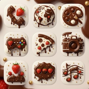 Puede incluir: Nueve diseños cuadrados con temática de chocolate. Cada diseño presenta elementos de chocolate como una nota musical, una cámara, una porción de pizza, un mando de juegos y un globo terráqueo, todos adornados con fresas y detalles dorados. Los diseños están sobre un fondo blanco.