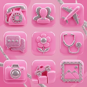 May include: A collection of nine pink 3D-rendered icons with silver glitter accents. Icons include a telephone, group of people, airplane, speech bubbles, flower, stethoscope, camera, off-road vehicle, and a framed picture.