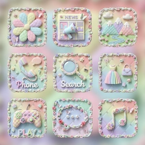 May include: A collection of nine pastel-colored, square-shaped icons with a quilted background and floral borders. Each icon features a different design, including a flower, a newspaper with a megaphone, mountains, a phone, a magnifying glass with the word "Search", a dress, a purse, a game controller with the word "Play", a decorative frame, and a musical note.