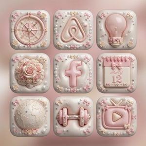 Pode incluir: Um conjunto de nove ícones de aplicativos quadrados em uma paleta de cores rosa suave e creme. Cada ícone apresenta elementos em relevo estilo 3D, incluindo uma bússola, logotipo do Airbnb, lâmpada, buquê de rosas, logotipo do Facebook, calendário mostrando 12 de maio, globo, haltere e um botão de reprodução.