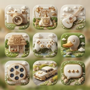 May include: A set of nine square icons featuring 3D illustrations of a camera, rotary phone, guitar, cottage with an e-sign, game controller, duck head, film reel, Uber car, and speech bubble, all set against grassy landscapes with clouds.