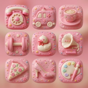 May include: A set of nine square pink icons featuring raised 3D designs including a rotary phone, a van, a coffee cup, a dumbbell, a rubber duck, a gramophone, a pizza slice, a high-heeled shoe, and an artist palette with a paintbrush.
