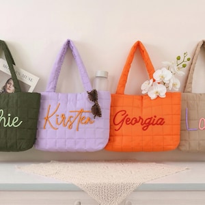 Personalized Puffer Tote Bag | Multi-Color Name Bag | Soft Quilted Cute Purse | Mix Match Yarn Letters | Lightweight Bridesmaid Gift