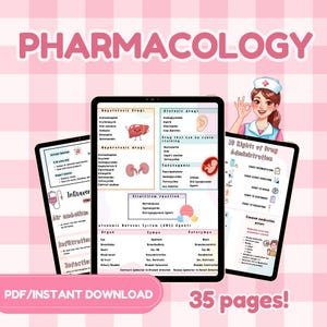 Puede incluir: Ilustración digital sobre farmacología, con tres tabletas que muestran información médica. Las tabletas muestran temas como la administración de medicamentos, los efectos secundarios y los procedimientos intravenosos. El texto "PDF/DESCARGA INSTANTÁNEA" y "35 páginas!"