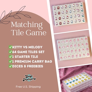 May include: A matching tile game set featuring Kitty vs Melody characters. The set includes 64 game tiles, a starter tile, a premium carry bag, and dice. The game is displayed with a pink and white color scheme, with the text "Matching Tile Game".