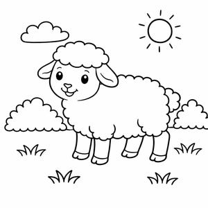 May include: Black and white illustration of a cartoon sheep standing in a grassy field with a sun and clouds in the background. The sheep has a fluffy, woolly body and a smiling face.