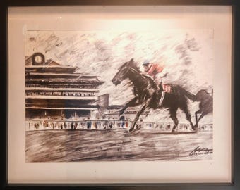 Lámina artística del hipódromo de Newbury: Expresivo dibujo a carboncillo de carreras de caballos. Firmada y enmarcada. Descuento de lanzamiento.
