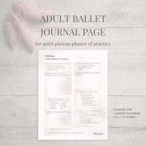 May include: A printable journal page for adult ballet, designed for quiet plateau phases of practice. The page includes prompts for self-reflection and goal setting. Available in A4 and US Letter sizes.