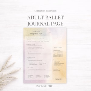 May include: A printable A4 PDF journal page for adult ballet, with a correction integration plan. The page includes sections for tracking metrics, review, and reflection. The design has a watercolor-style background with text in a serif font.