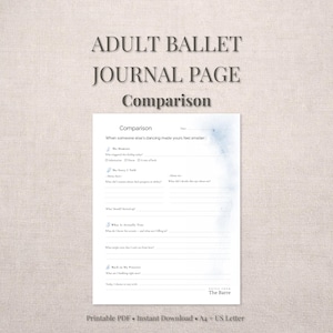 Puede incluir: Una página de diario en PDF imprimible para estudiantes de ballet adultos. La página se titula "Comparación" e incluye indicaciones para reflexionar sobre sentimientos y experiencias. El diseño es minimalista con un lavado de acuarela y el texto "The Barre".