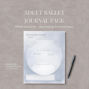 May include: A printable A4 journal page for adult ballet, designed to help identify habits for showing up and consistency. The page has prompts and space for notes, with a pen beside it. The text reads "ADULT BALLET JOURNAL PAGE" and "The Barre."